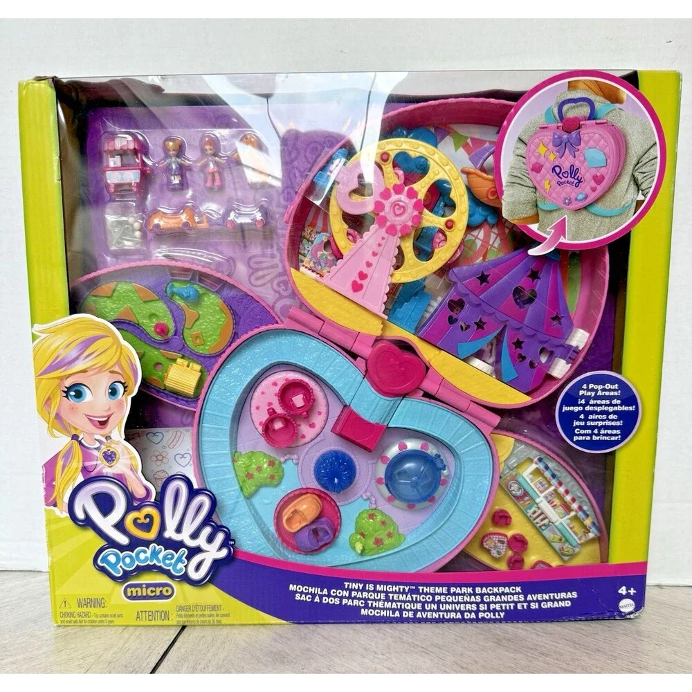 Polly Pocket 2-in-1 Theme Park Backpack Compact 2 Dolls Ice Cream Cart Toy New
